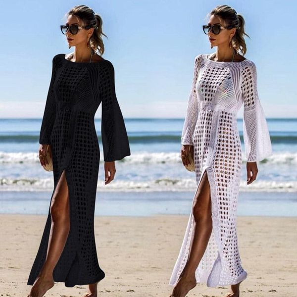 

women dress solid color hollow design knitted long for beach bathing mc889 women's swimwear, White;black