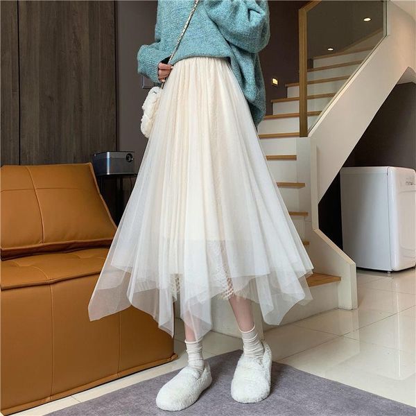

skirts design sense minority medium length mesh skirt 2021 spring fashion small irregular women's, Black