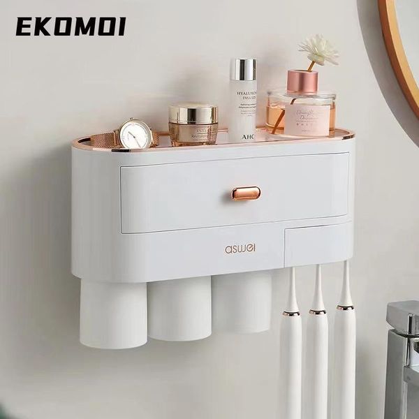 

bath accessory set ekomoi magnetic adsorption inverted toothbrush holder automatic toothpaste squeezer dispenser storage rack bathroom acces