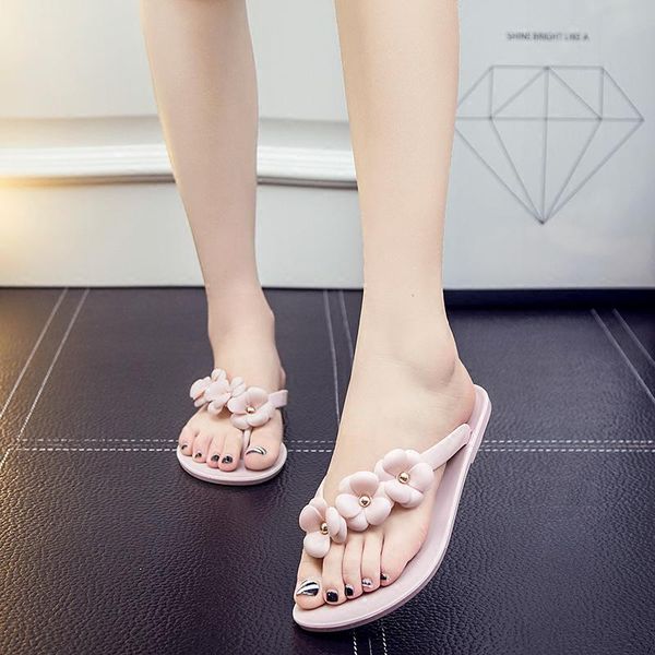 

slippers fashion summer outdoor appliques flip flops flip-flops shoes pink women slides flower beach, Black