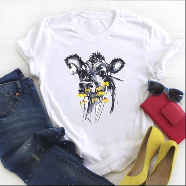 

womens t shirt women heifer cow flower cartoon clothing print ladies summer tee female clothes graphic, White