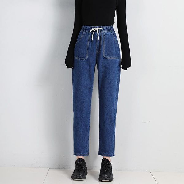 

women's jeans wholesale korean style elastic waist drawstring straight ankle length pants loose high women harem, Blue