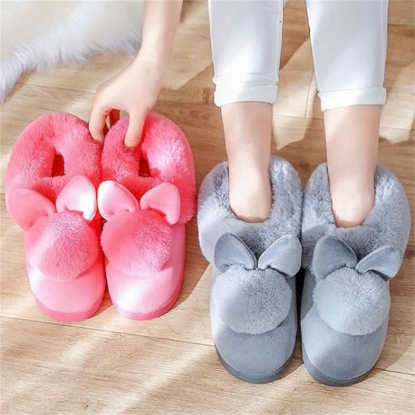 

luxury slippers autumn and winter female lovely rabbit warm home non slip indoor moon sho wool bag heel cotton slippers, Black