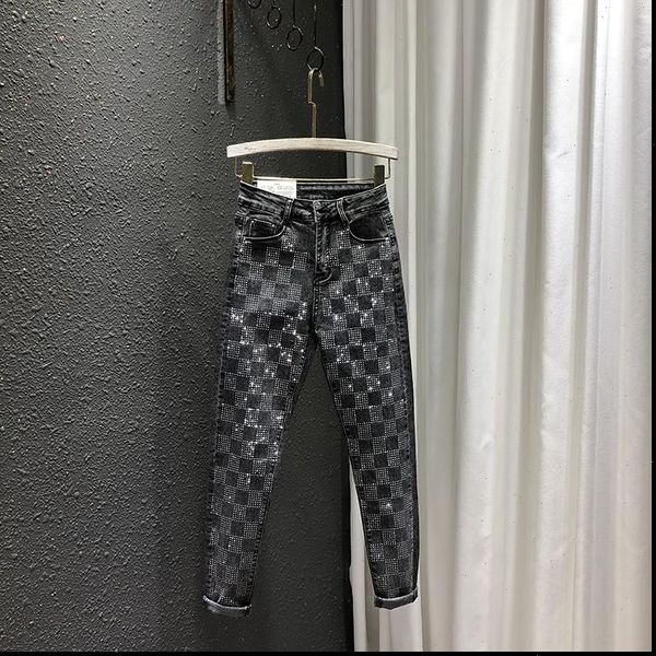 

spring high waist slim fit womens jean straight cut rhinestone skinny pencil denim pants spodnie damskie, Blue