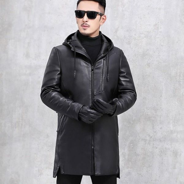 

men's leather & faux winter fashion business casual genuine down coat men white duck thick warm hooded long jacket male plus size l-4xl, Black