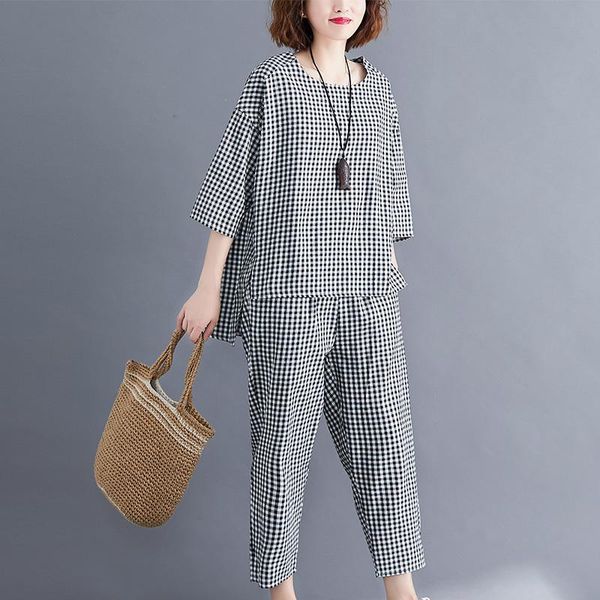 

women's vests cotton lattice suit woman 2021 literature fan kuansong will code leisure time haren pants twinset, Black;white