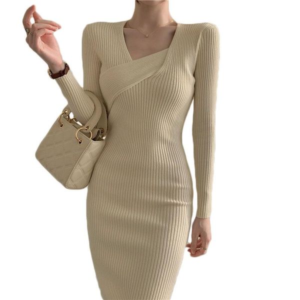 

casual dresses wsyore autumn and winter female french retro slim long-sleeve knitted dress women tight-fit elegant sweater maxi ns2722, Black;gray