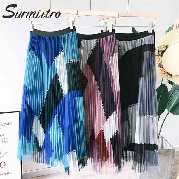 

spring summer korean style 3 layers women blue patchwork mesh high waist midi long tulle pleated skirt female 210421, Black