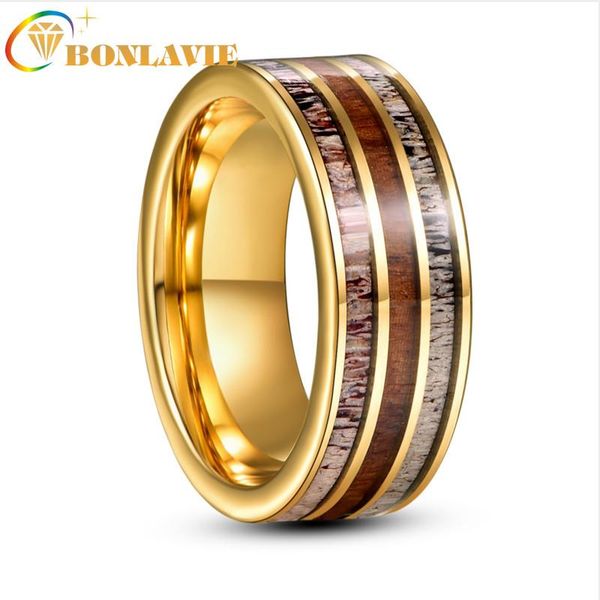 

8mm Electric Gold Inlaid Deer Antler Wood Grain Tungsten Carbide Ring Men's Fashion Wedding Jewelry Gift Rings