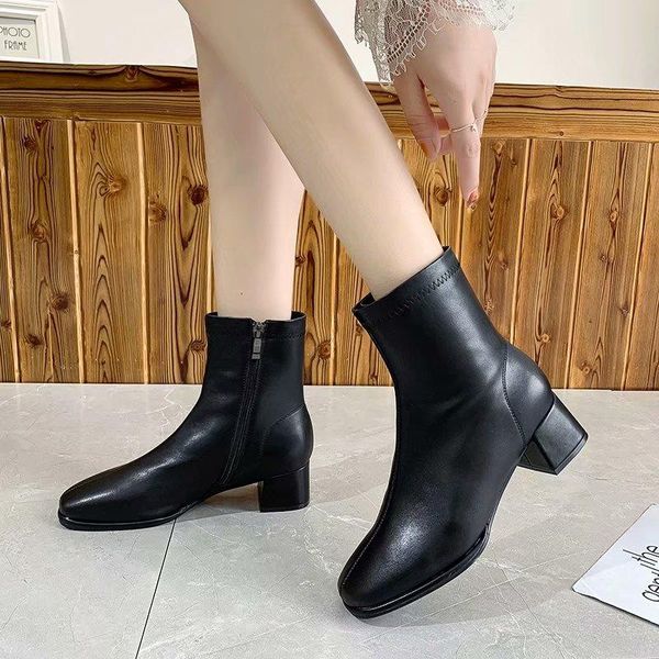 

boots women ankle fashion pu leather mid heel ladies shoes side zipper short for drop ship, Black