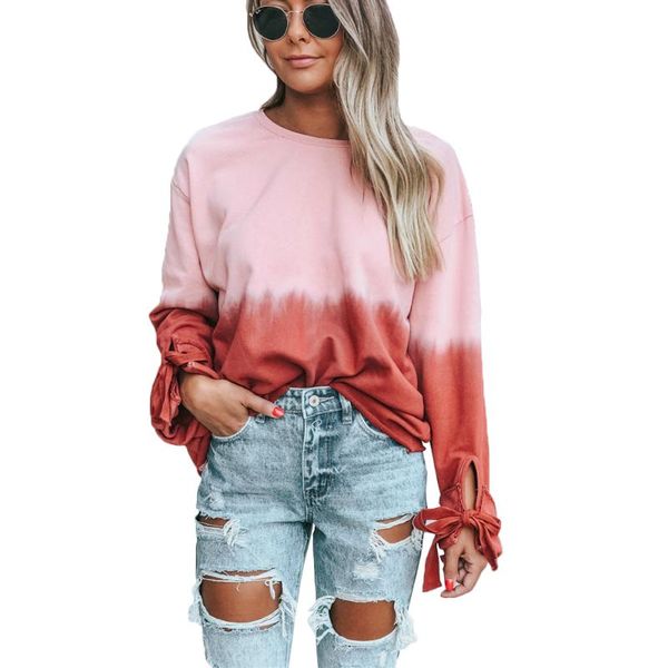 

women's hoodies & sweatshirts fashion women long sleeves o neck print autumn sweatshirt gradients female casual loose lace up streetwe, Black