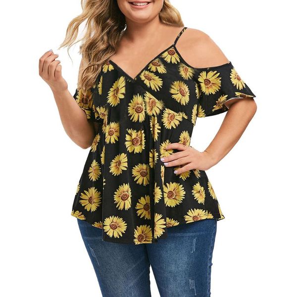 

women plus size sunflower print t shirt off shoulder summer fashion lady v-neck tees woman clothing blusas women's t-shirt, White