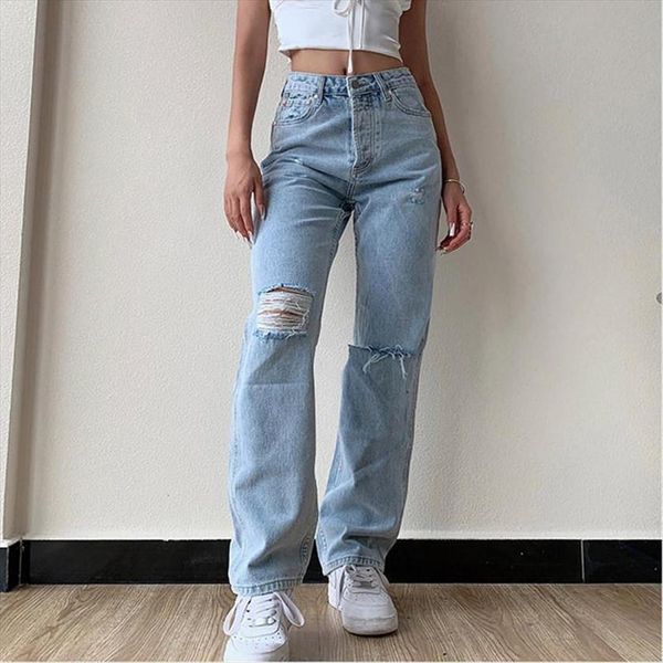 

large size boyfriend pants women jean high waist mom ripped y2k casual stright trousers, Blue