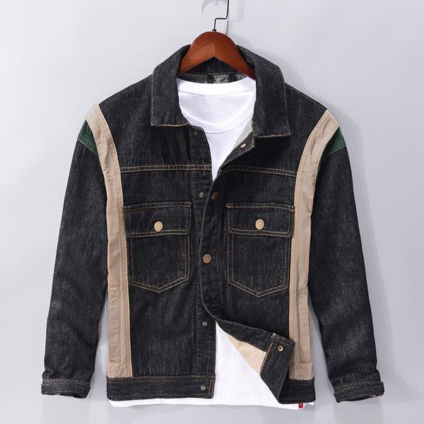 

men's jackets men clothing 2021 autumn color matching denim jacket all-match trend handsome splicing personality, Black;brown