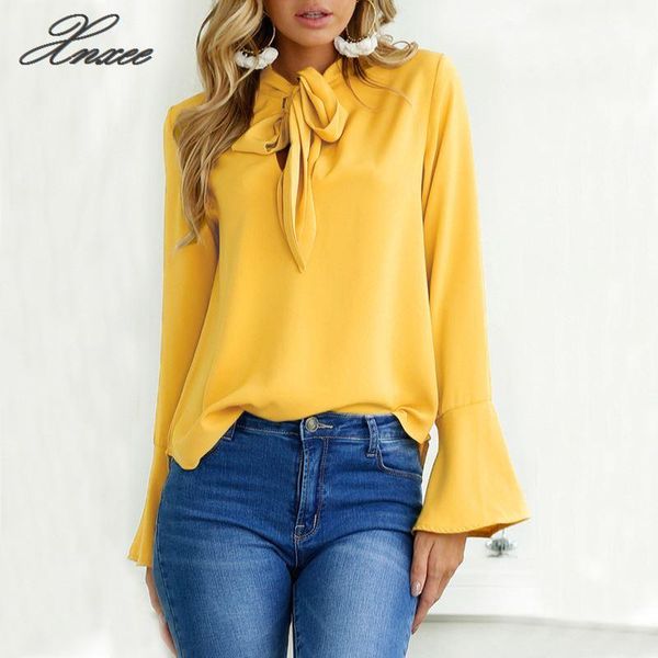 

women's blouses & shirts women flare long sleeve chiffon blouse bow irregular solid ruffle fashion 2021 spring casual, White