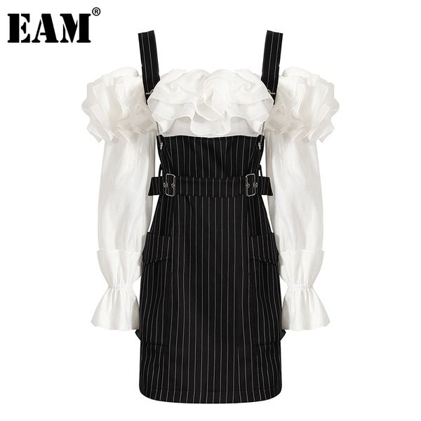 

[eam] women black striped ruffles vintage dress slash neck long sleeve loose fit fashion spring autumn 1dd80690 210512, Black;gray