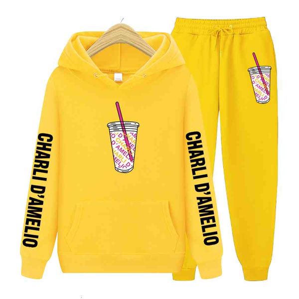 

men's hoodies & sweatshirts men hoodie suit charli damelio tracksuit sweatshirt fleece hoodie+sweat pants jogging homme pullover sporti, Black