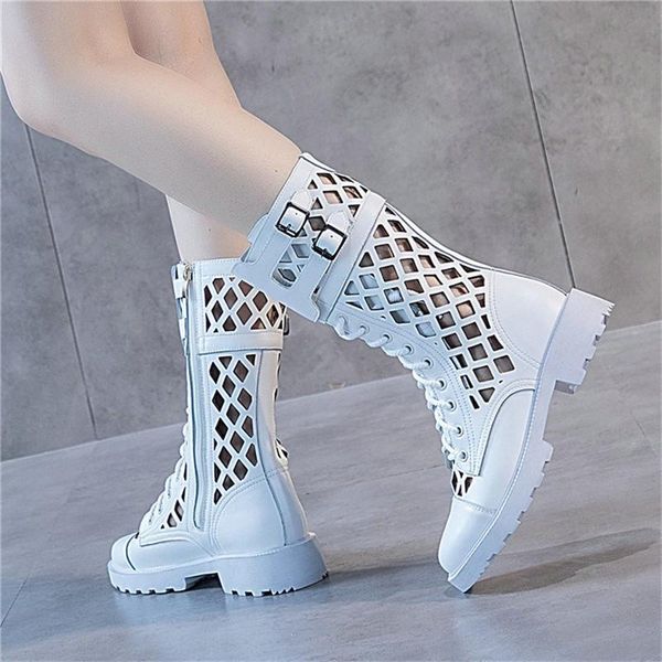 

women summer lace-up cowhide leather mid-calf boots quality zapatos femme high heel shoes hollow out female, Black