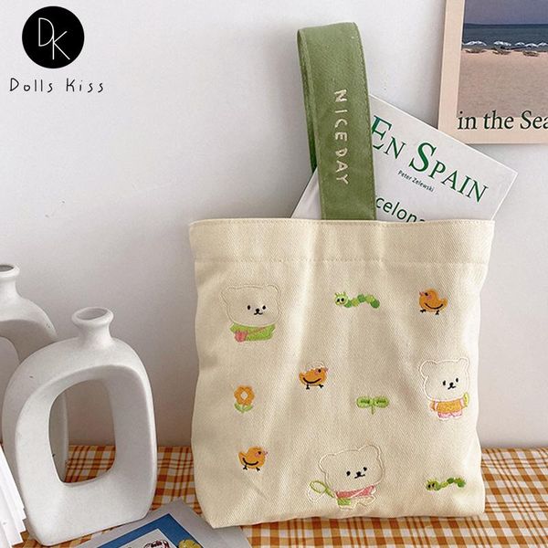 

women mini canvas handbag female cute grass bear embroidered shopping bag ladies spring/summer picnic student lunch box cross body