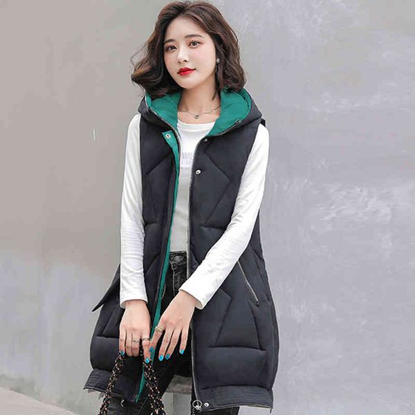 

women's vests autumn winter hooded cotton sleeveless long jacket female casual loose padded waistcoat 8i1i, Black;white