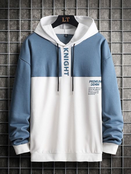 

men letter graphic color block drop shoulder drawstring hoodie 11hm#, Black