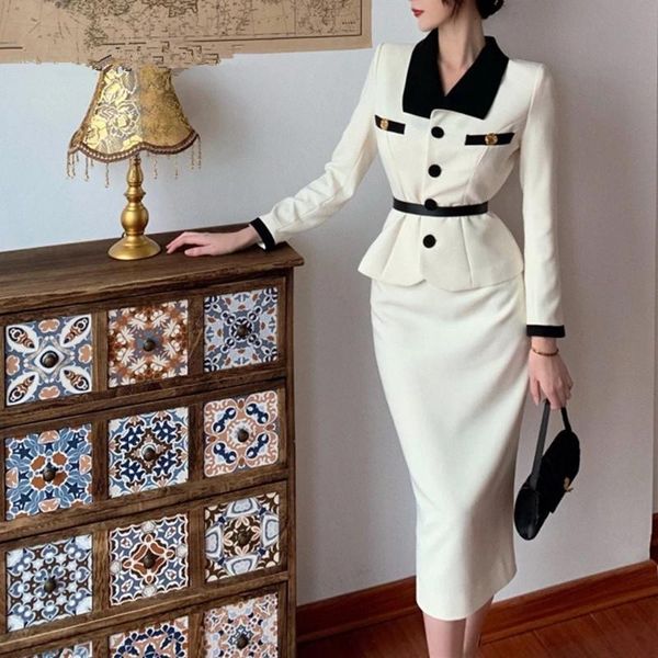 

two piece dress women skirt suits elegant high waisted pencil skirts office ladies formal work set vintage blazer autumn winter, White