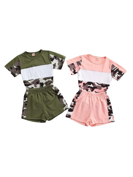 

clothing sets 2021 summer children camouflage clothes set, contrast color short sleeve o-neck t-shirt + elastic waist shorts, White
