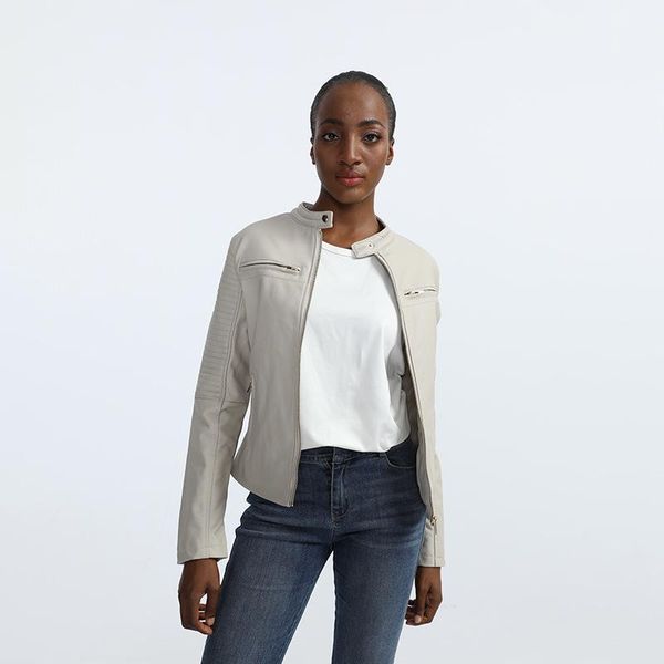 

women's leather & faux women jacket spring autumn zipper short coat streetwear round neck slim pu motorcycle jackets female casual outw, Black