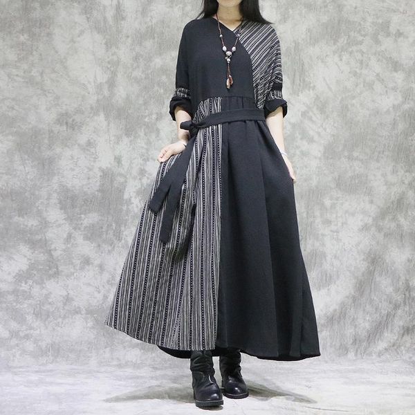 

casual dresses johnature women vintage patchwork long sleeve bandage robes spring 2021 v-neck cotton linen, Black;gray