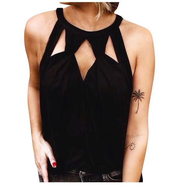 

women's t-shirt summer ladies solid color hollow tee for women 2021 fashion slim round neck sleeveless t-shirts clothing girls, White