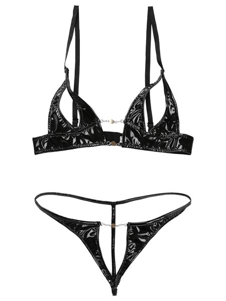 

women patent leather lingerie suit metal chain decor underwear hollow out nightwear unlined wireless bra with crotchless t-back, Black;white