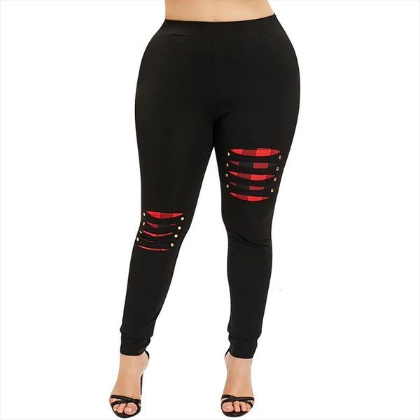 

20 plus size beading womens legging ripped plaid panel elastic waist casual leggings high sport fitness trousers, Black