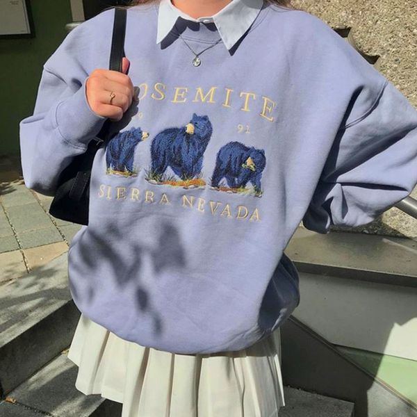 

women hoodie vintage bear embroid sweatshirts 2021 harajuku streetwear casual pullovers crewneck oversized fashion korean girls, Black