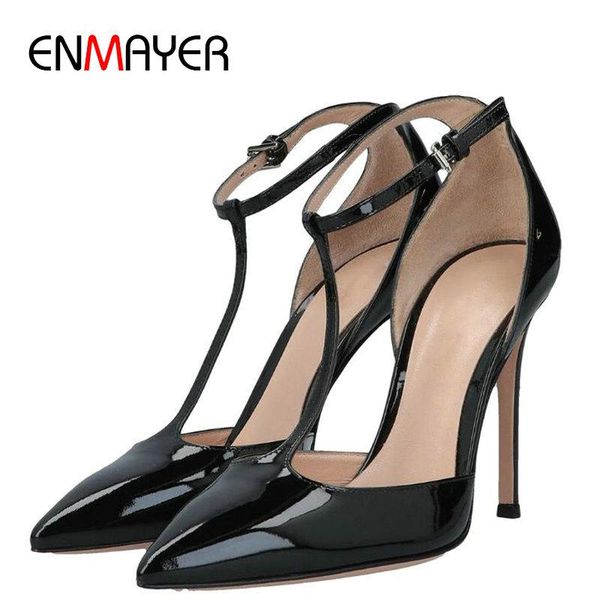 

patent leather t-strap buckle strap elegant pointed toe high heels sandals women wedding shoes sewing womens 34-43, Black