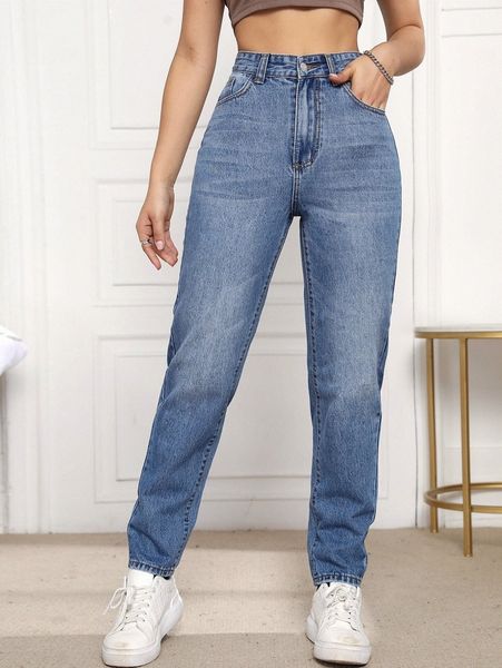 

high waist solid jeans u2dk#, Blue
