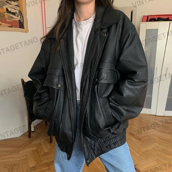 

women's jackets b-toto american retro black pocket leather jacket women trendy ins loose locomotive clothing 2021, Black;brown