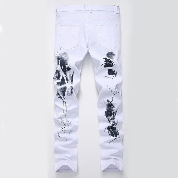 

men's jeans hmily personality badge patchwork men ripped white pattern biker denim straight slim fit casual pants r2qu, Blue