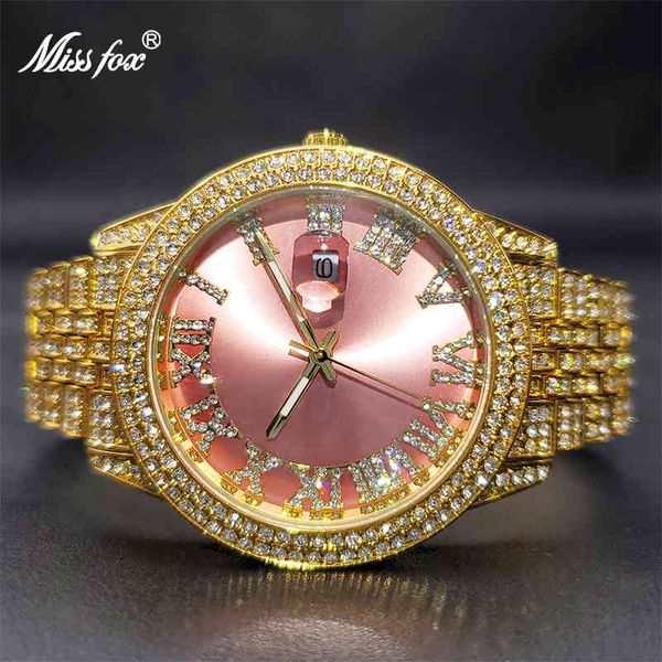 Missfox Gold Watch Women Pink Nice Out Diamond Watches для женского водонепроницаемого стильного модного вечеринка Платье Ювелирные Изделия 2021 подарок