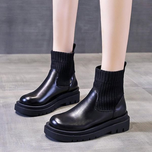 

boots autumn fashion shoes women ankle round head thick bottom knitting+leather waterproof woman slip on black 35-40