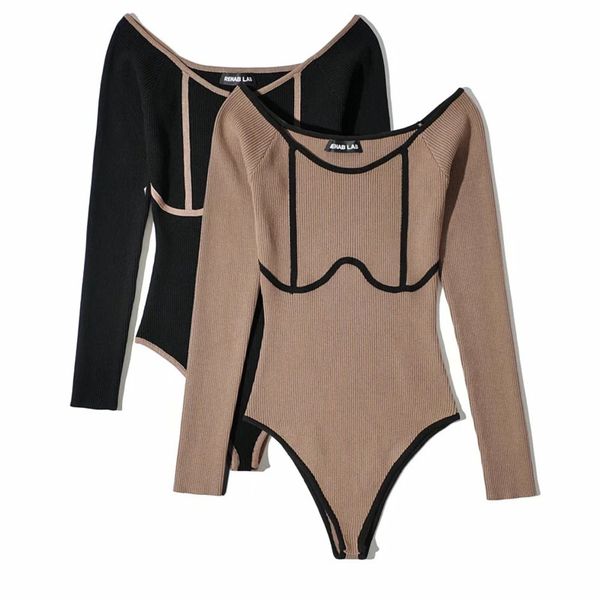

women's jumpsuits & rompers round color contrast knitted bodysuits women slim long sleeve jumpsuit autumn new ladies one-piec, Black;white