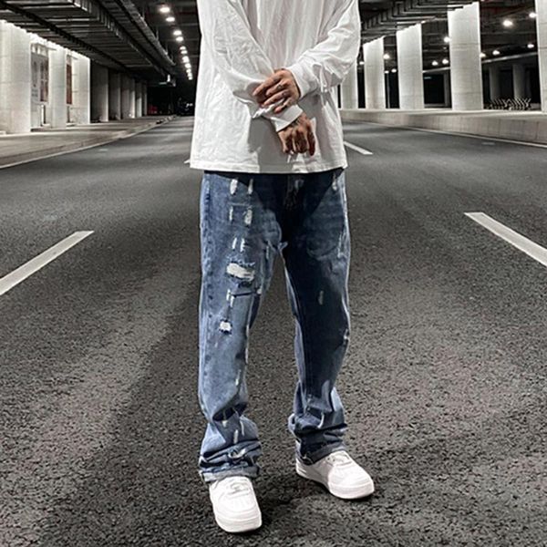 

men's jeans retro color block hole washed high street for men straight frayed casual denim pants harajuku baggy oversize trousers, Blue