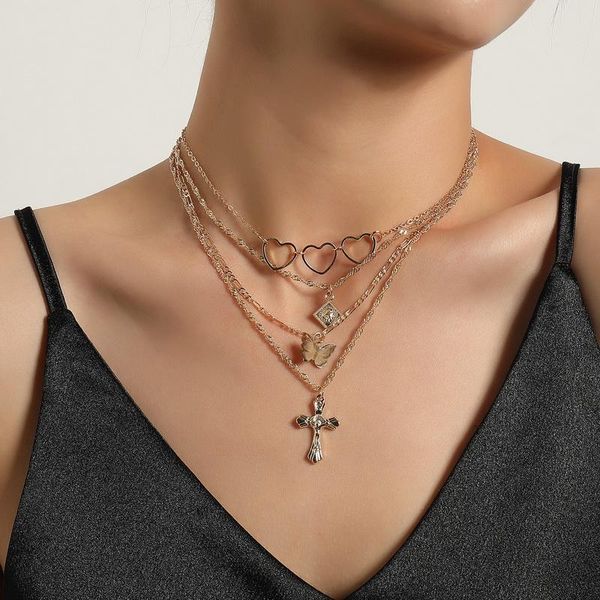 

vintage multilayer heart butterfly cross pendant necklaces for women fashion elegant geometric sweater chains necklace jewelry, Silver