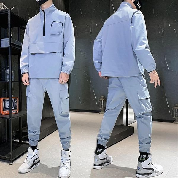 

autumn casual harajuku hoodies men tracksuits sets pockets sweatshirt sweatpants male track suit hip hop streetwear, Gray