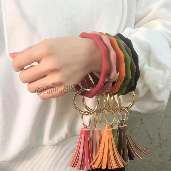 

party favor silicone wristlet keychain bracelets with leather tassel bangle keyring large circle key ring bracelet for women girls gifts, Slivery;golden