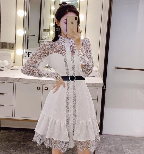 

casual dresses ladies lace crochet hollow out white dress sweet autumn runway women long sleeve ruffles elegant party mini vestidos, Black;gray
