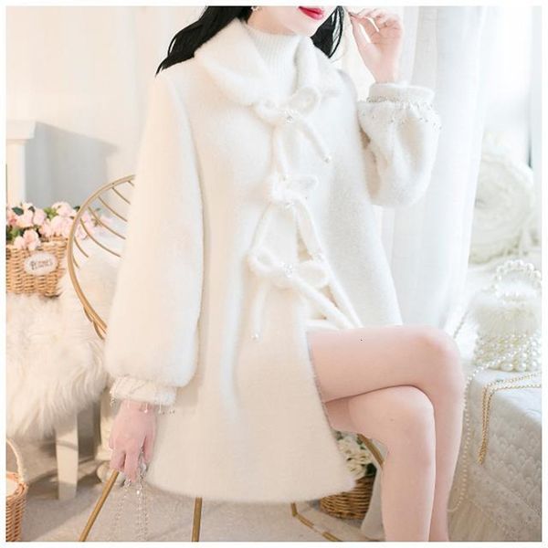 

women's wool & blends autumn winter en coat sweet bow mink jacket female loose heavy beading overcoat keep warm coats a399 ox16, Black