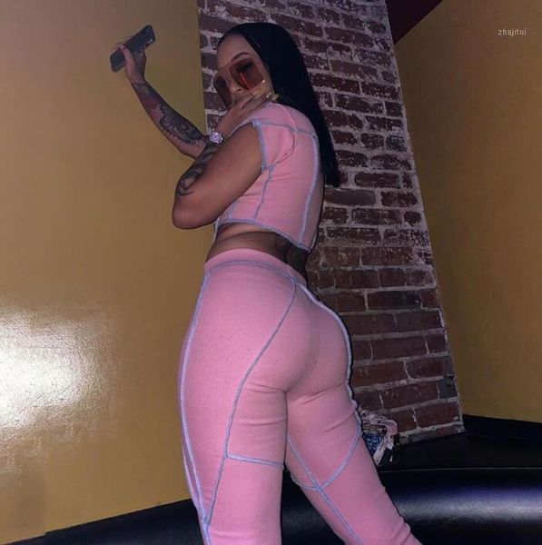 

two piece dress women's contrast short t-shirt + high waist sweat pants set, White