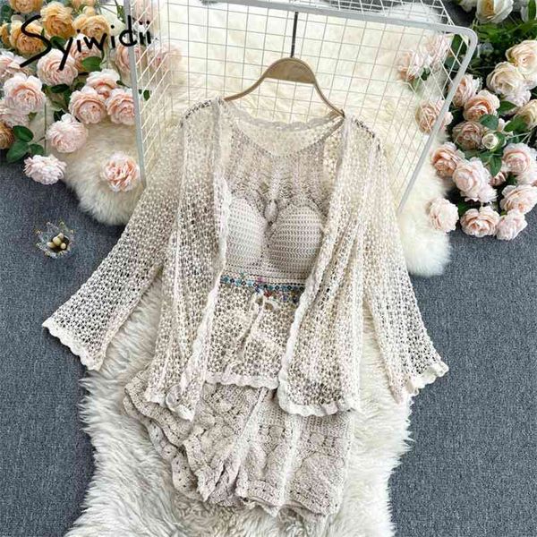 

3 pieces set women vintage hook flower hollow out knitting elastic waist shorts tank and jackets summer beach 210607, White