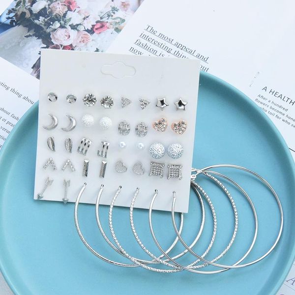 

hoop & huggie 20 pairs/lot simple women's earrings set geometric flower star shiny rhinestone ear studs for teen girls 2021, Golden;silver