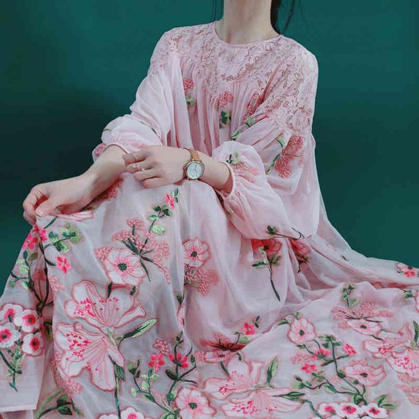 

casual dresses women springautumn korean fashion pink french elegant lace collar luxury floral embroidery lantern sleeve midi om9r, Black;gray